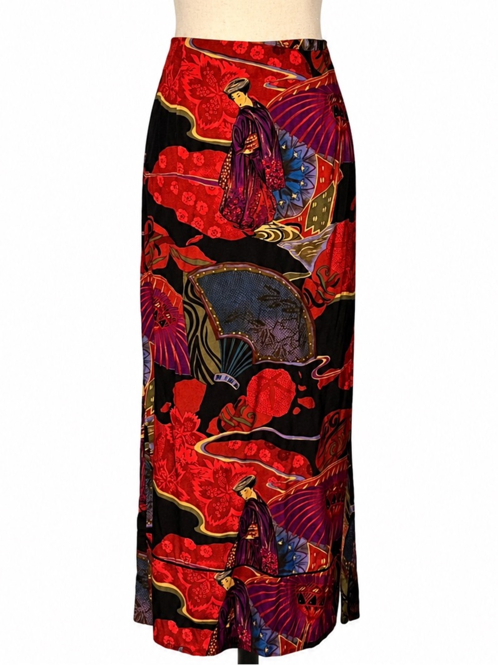 Vintage Red Floral w/ fans & Geisha Maxi Skirt- 12-14, 33" waist